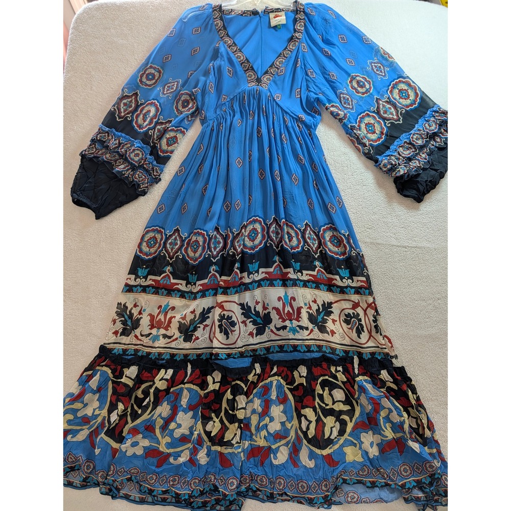 Farm Rio Blue Mixed Scarf Print Maxi Dress V-Neck Ruffle Long Sleeve Small